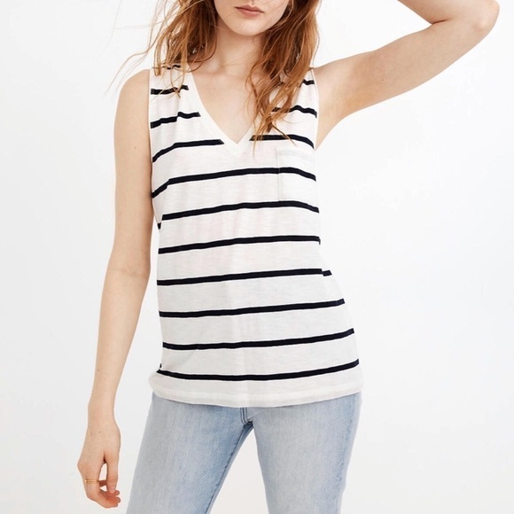 Madewell V-Neck Pocket Stripe Tank Top - Picture 1 of 8